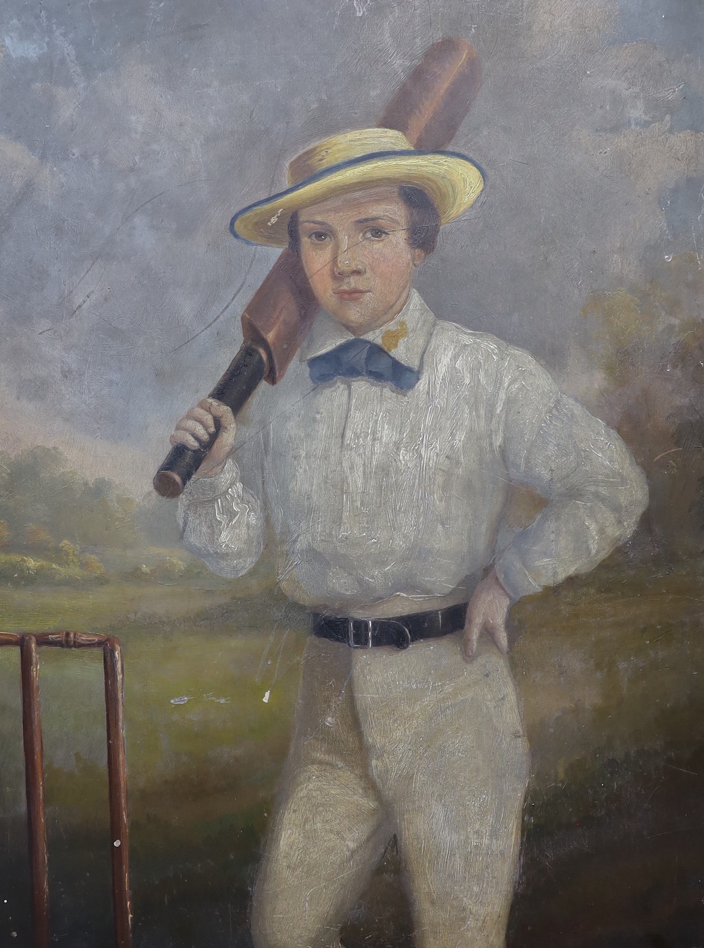 English School, mid 19th century, oil on panel, a young cricketer, unframed, 37x29cm